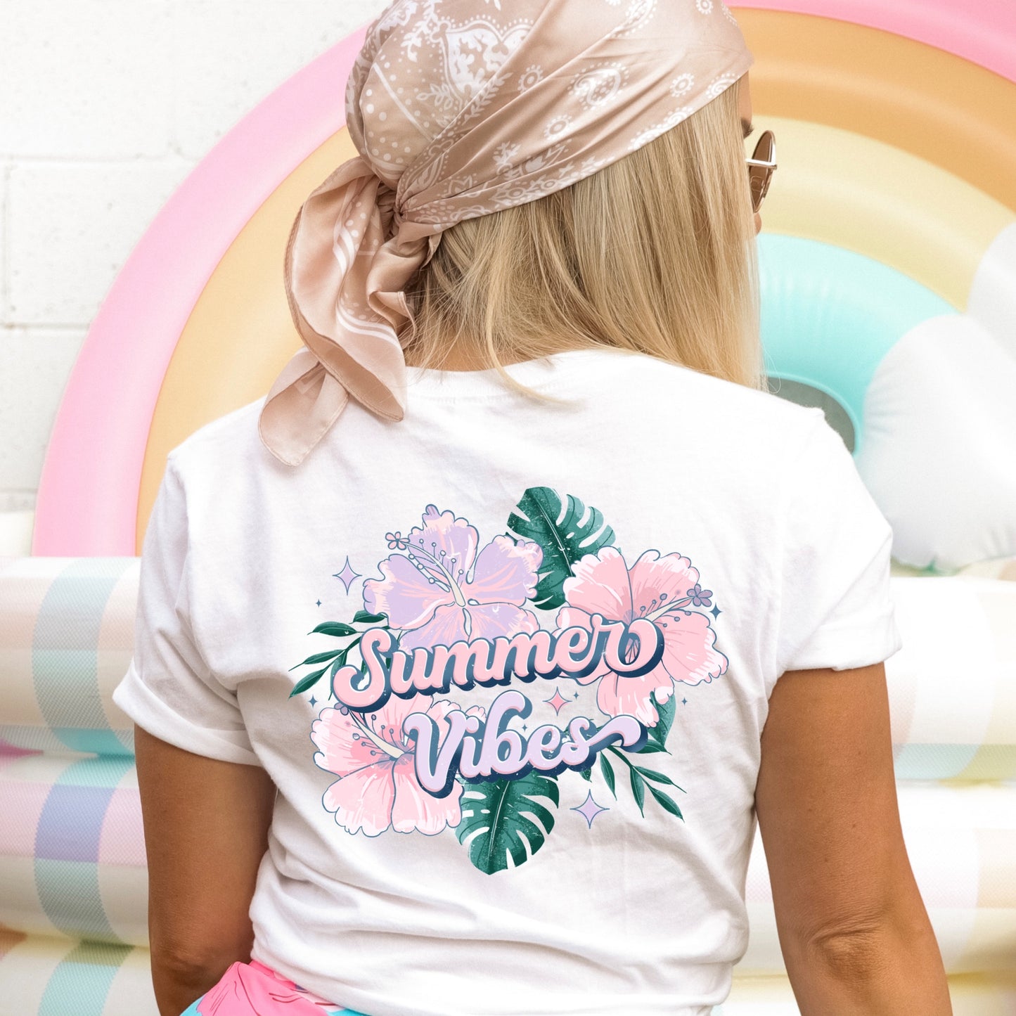 Green palm leaves and hibiscus plants with the phrase "Summer Vibes" iron on heat transfer