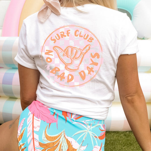 Pink and white checkered iron on heat transfer with the phrase "Surf Club, No Bad Days"