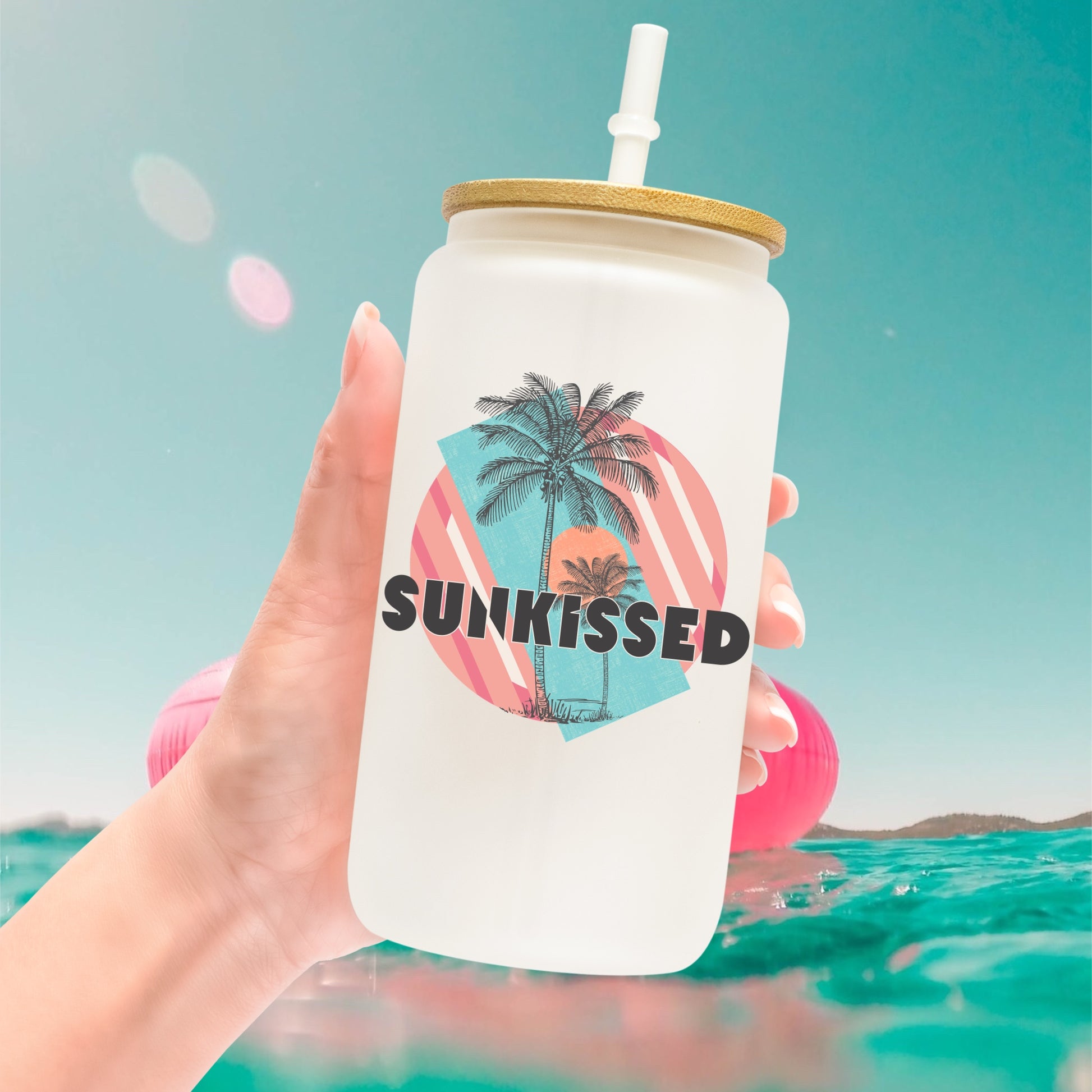Permanent adhesive Decal transfer with palm trees and the sun, as well as the phrase "Sunkissed"