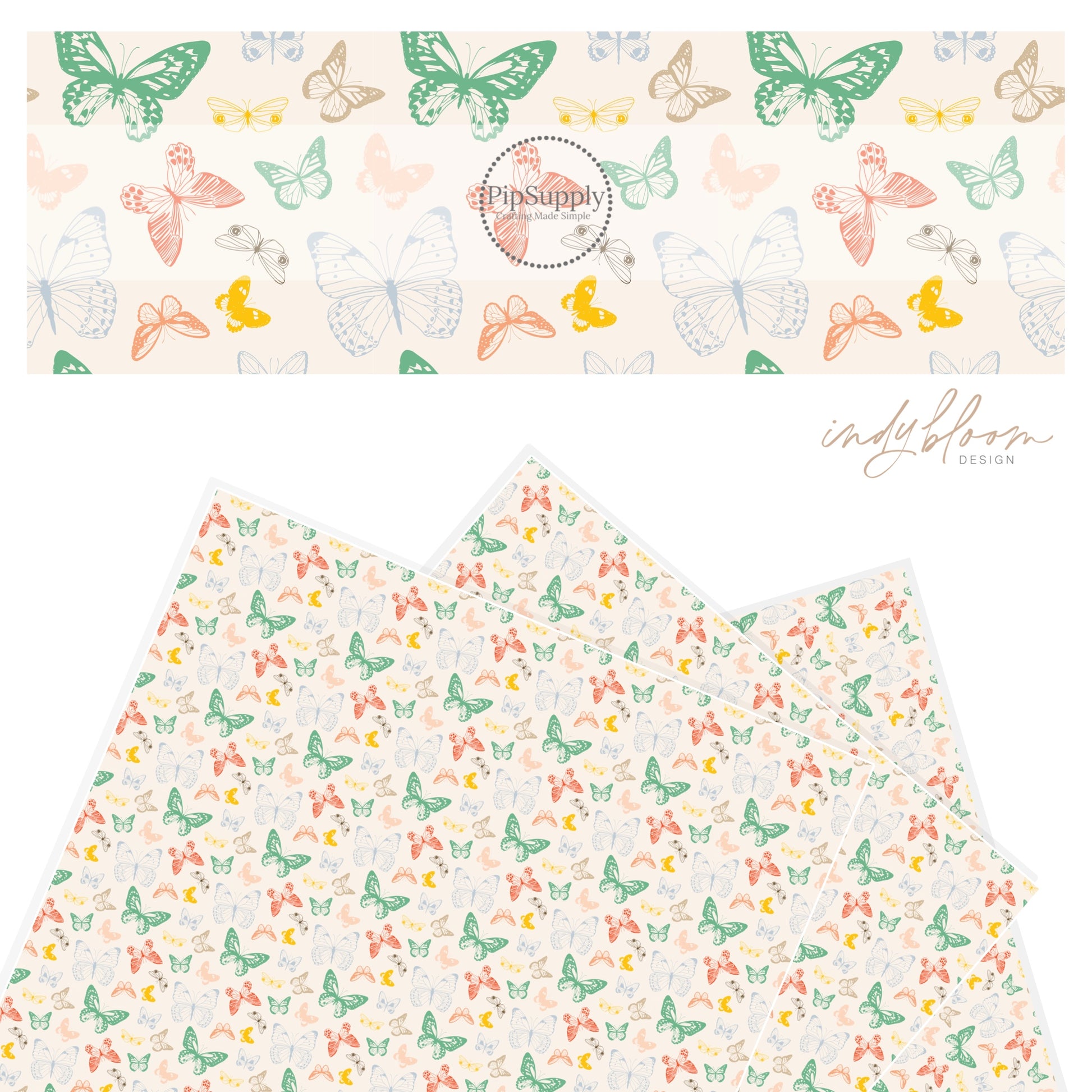 Green, blue, pink, and yellow butterflies on cream faux leather sheet.