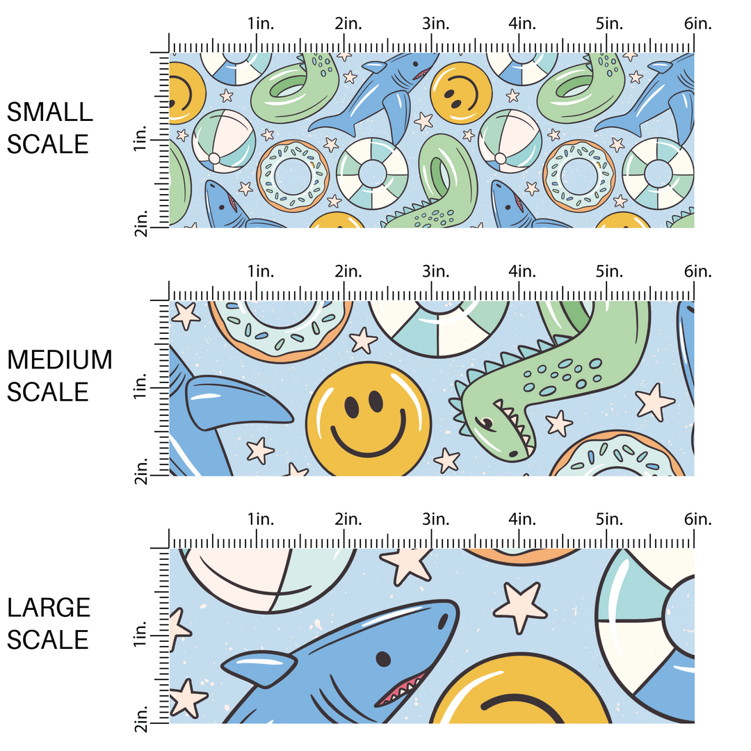 Blue fabric by the yard scaled image guide with dinosaur pool floaties, smiley faces, stars, and sharks.