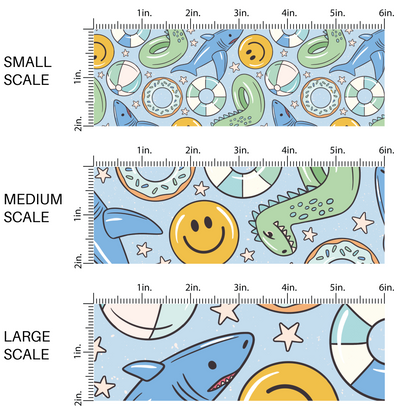 Blue fabric by the yard scaled image guide with dinosaur pool floaties, smiley faces, stars, and sharks.