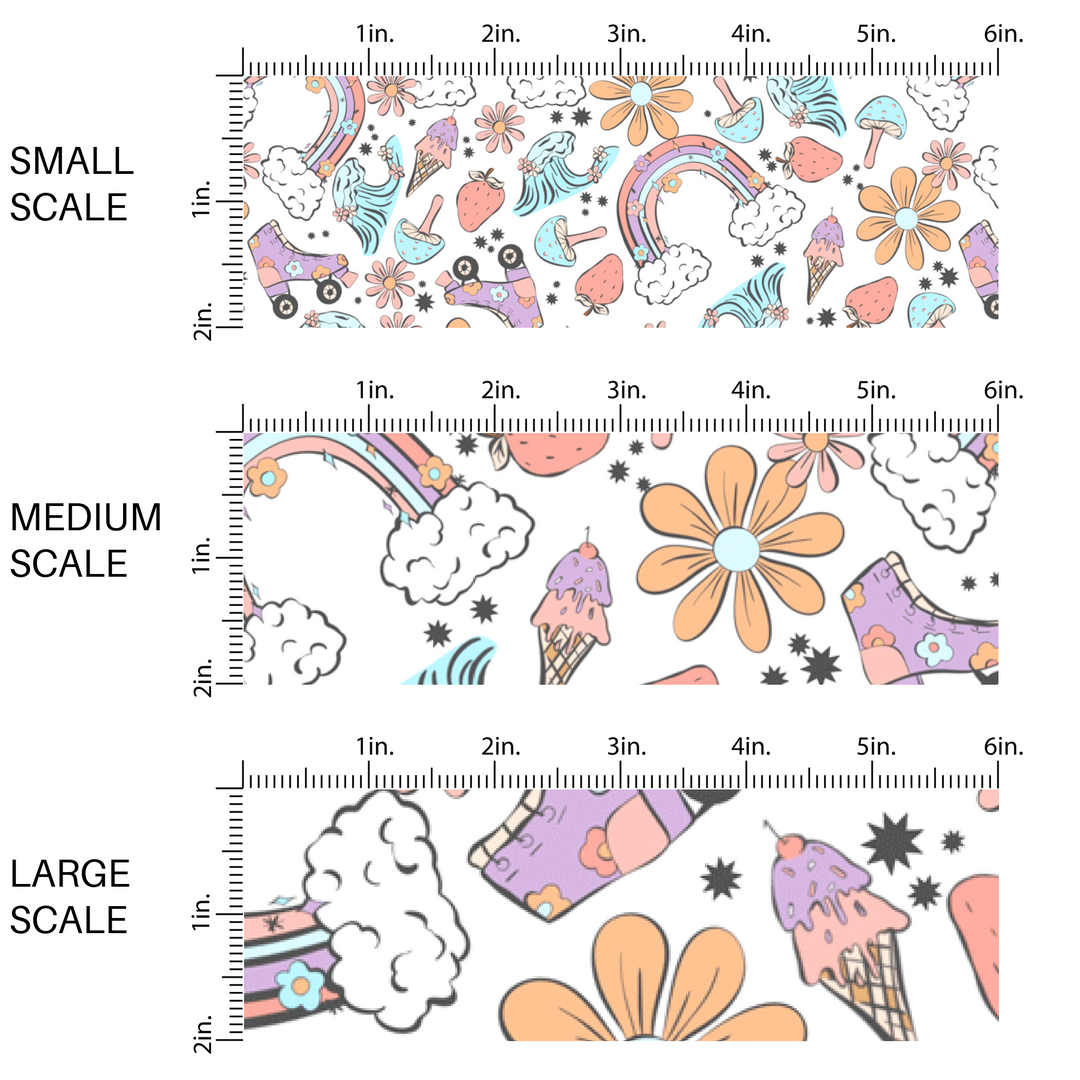 white fabric by the yard scaled image guide with flowers, rainbows, oceans waves, and roller skates.