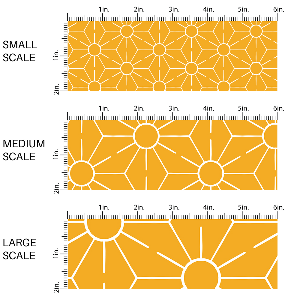 Yellow fabric by the yard scaled image guide with white outlined suns.