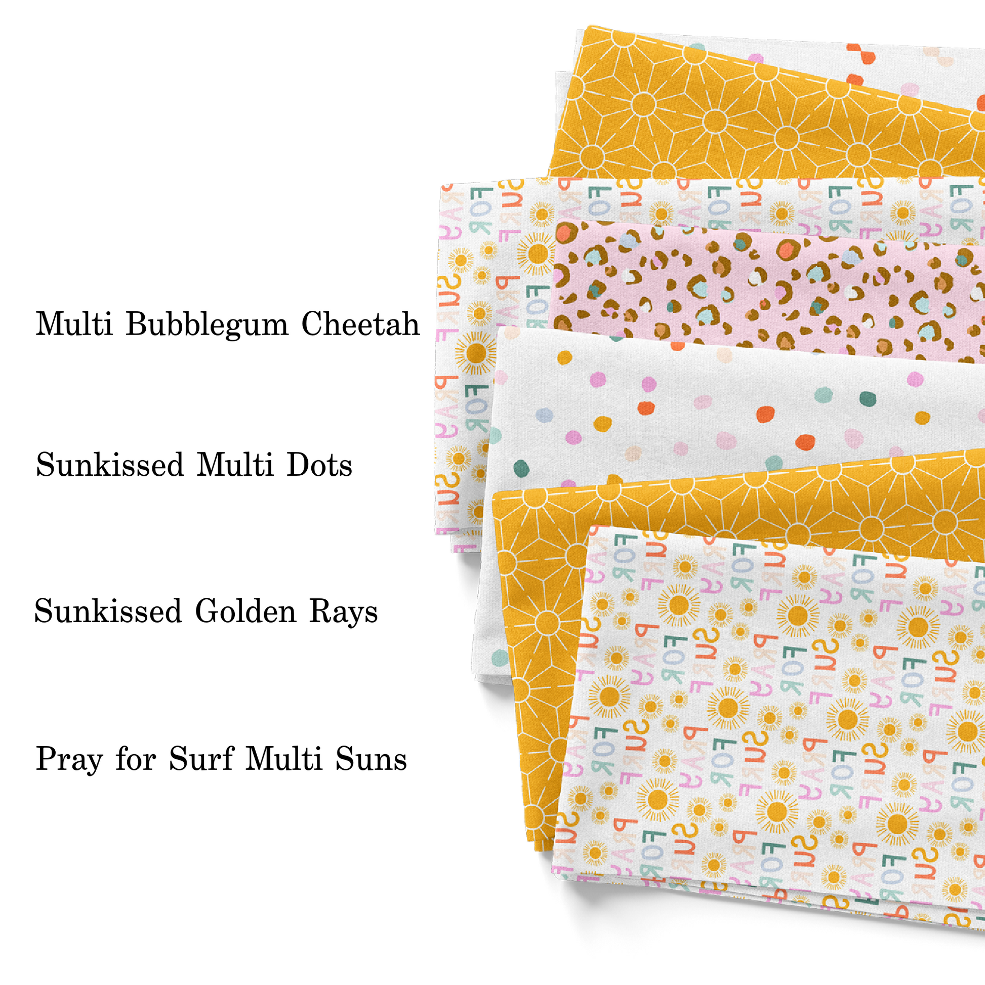 Indy Bloom Summer Collection Fabric Swatch with sun patterns, animal print, and dotted prints.