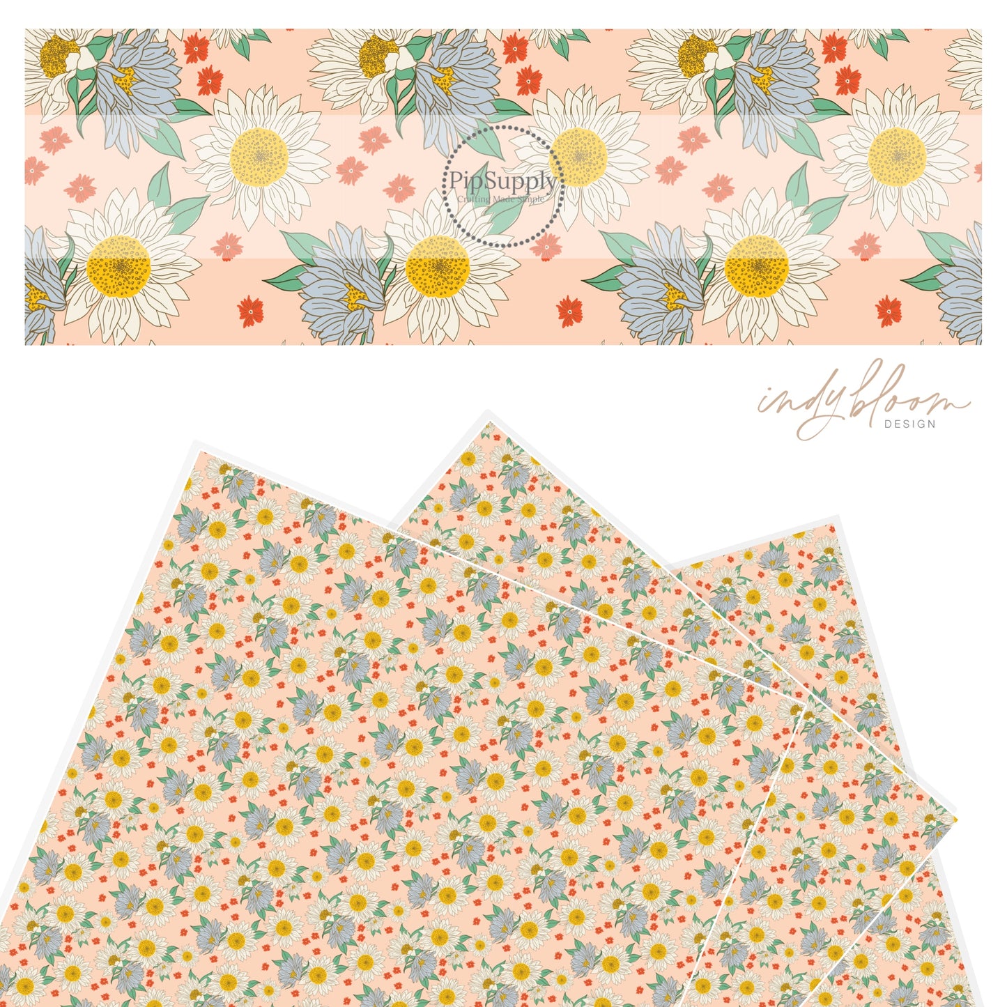 White and blue summer sunflowers on blush faux leather sheet. 