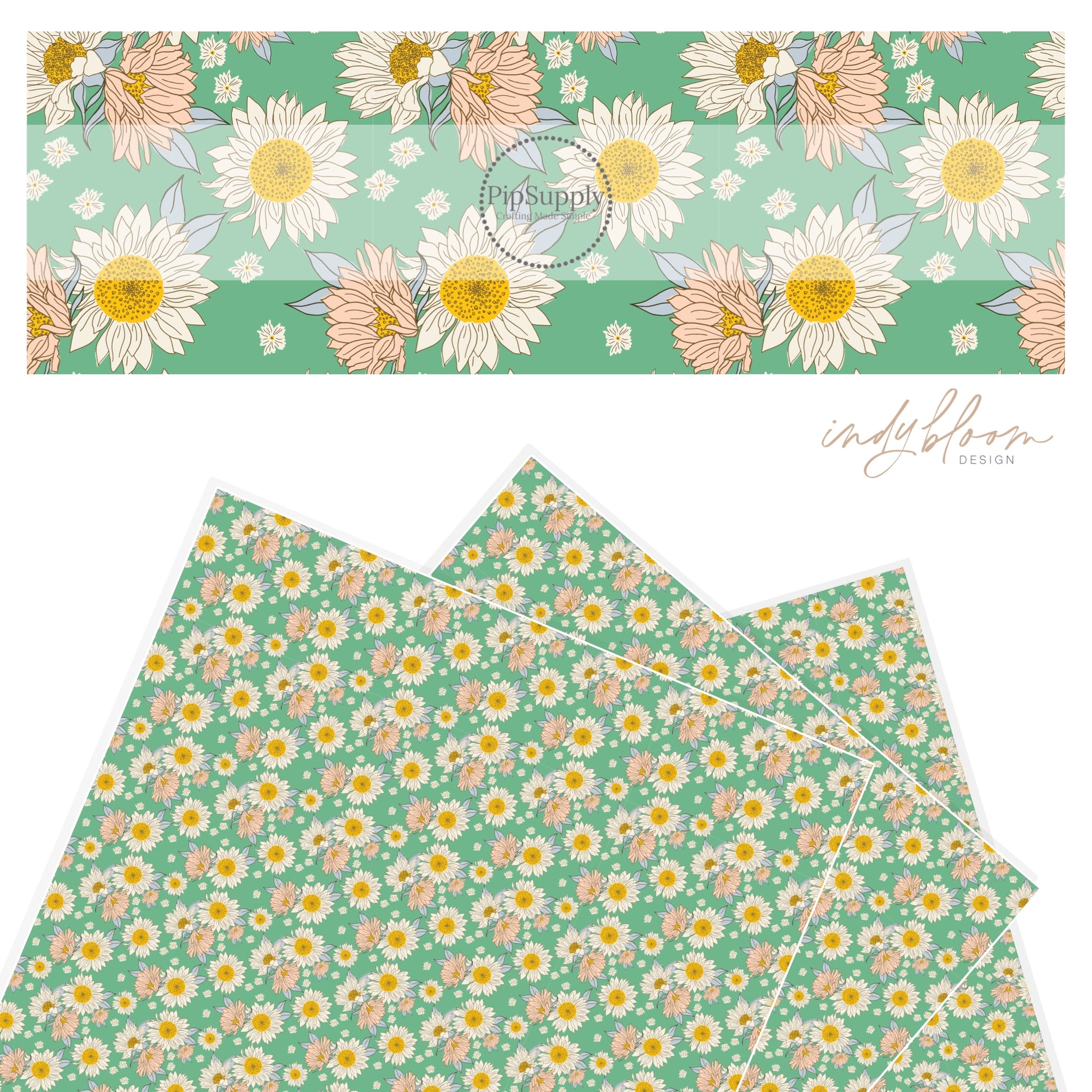 Blush and white sunflowers on green faux leather sheet.