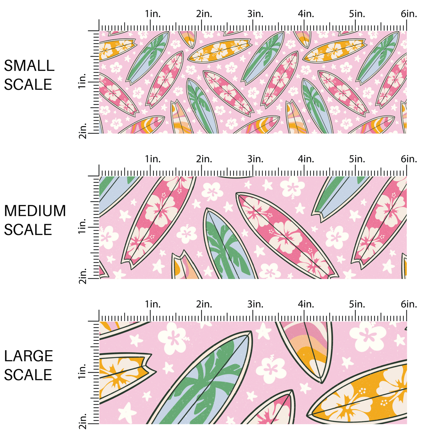 Pink fabric by the yard scaled image guide with white flowers and floral surfboards.