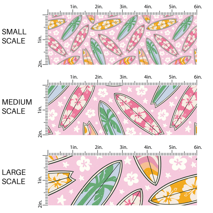 Pink fabric by the yard scaled image guide with white flowers and floral surfboards.