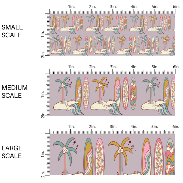 Lilac Purple fabric by the yard scaled image guide with surfboards and palms trees.