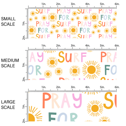 White fabric by the yard scaled image guide with suns and the phrase "Pray For Surf"