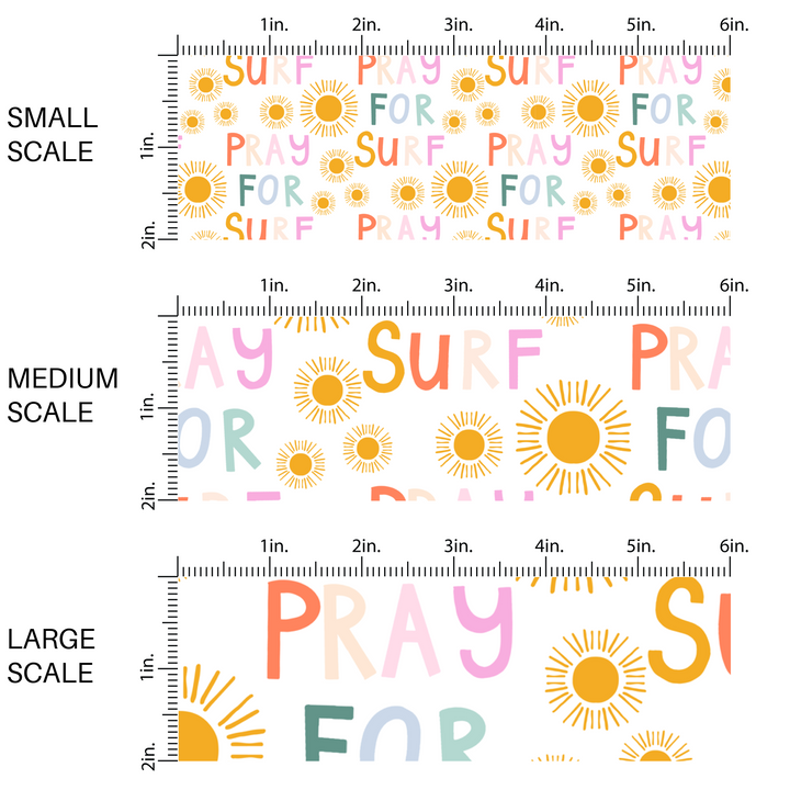 White fabric by the yard scaled image guide with suns and the phrase "Pray For Surf"