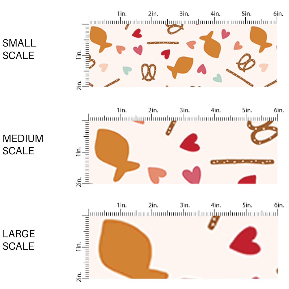 Cream fabric with golden fish snack, pretzels, and hearts fabric by the yard scaled image guide