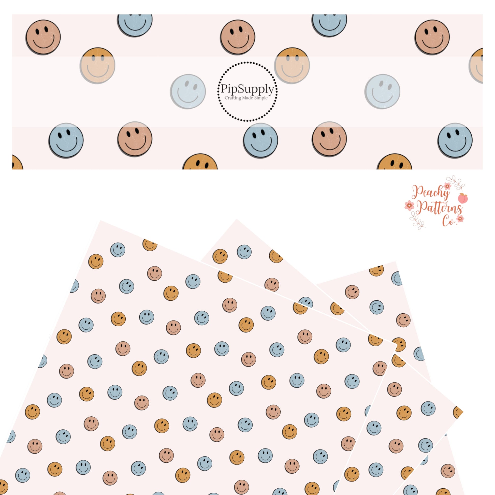Blue and rust orange smiley faces on a cream faux leather sheet