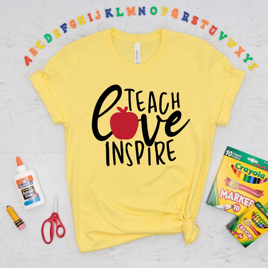 Teach, Love, Inspire apple iron on heat transfer. Teacher appreciation DIY gift.