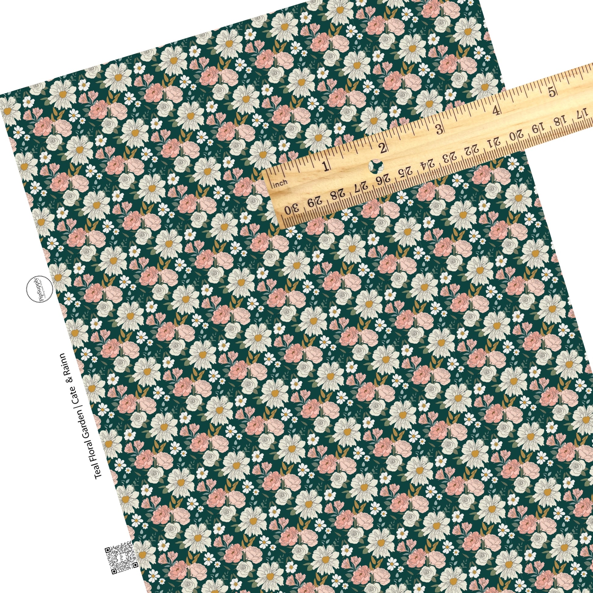 Pink and white roses, and daisy clusters on hunter green faux leather sheet.