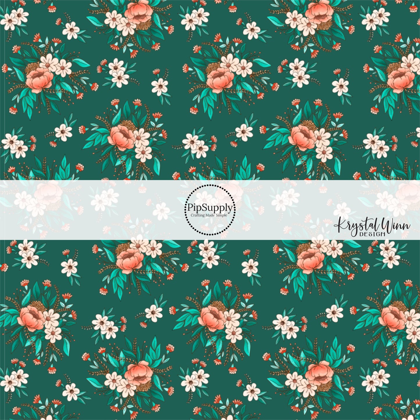 Green fabric by the yard with peach and white colored floral designs - Western Floral Cowgirl Fabric 