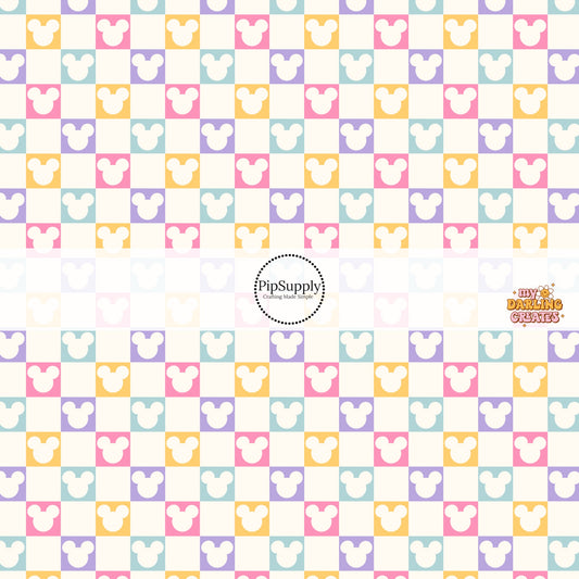 Pastel yellow, pink, purple, and blue mouse checker print fabric by the yard.
