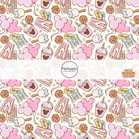 Cream colored fabric by the yard with pastel colored mouse theme park food .