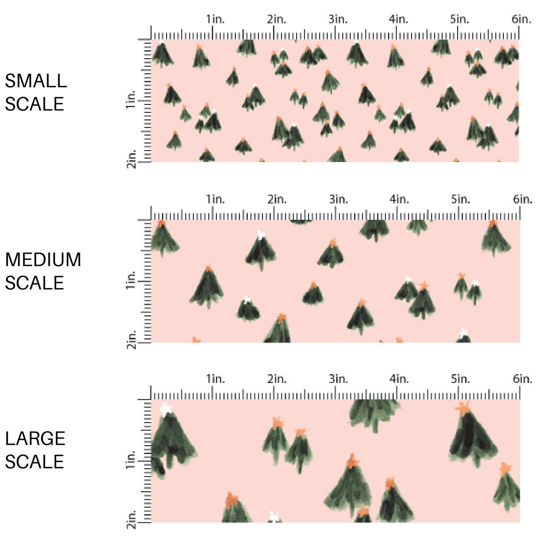 Tiny painted green christmas tree pattern on pale pink fabric scaled to small, medium, and large.