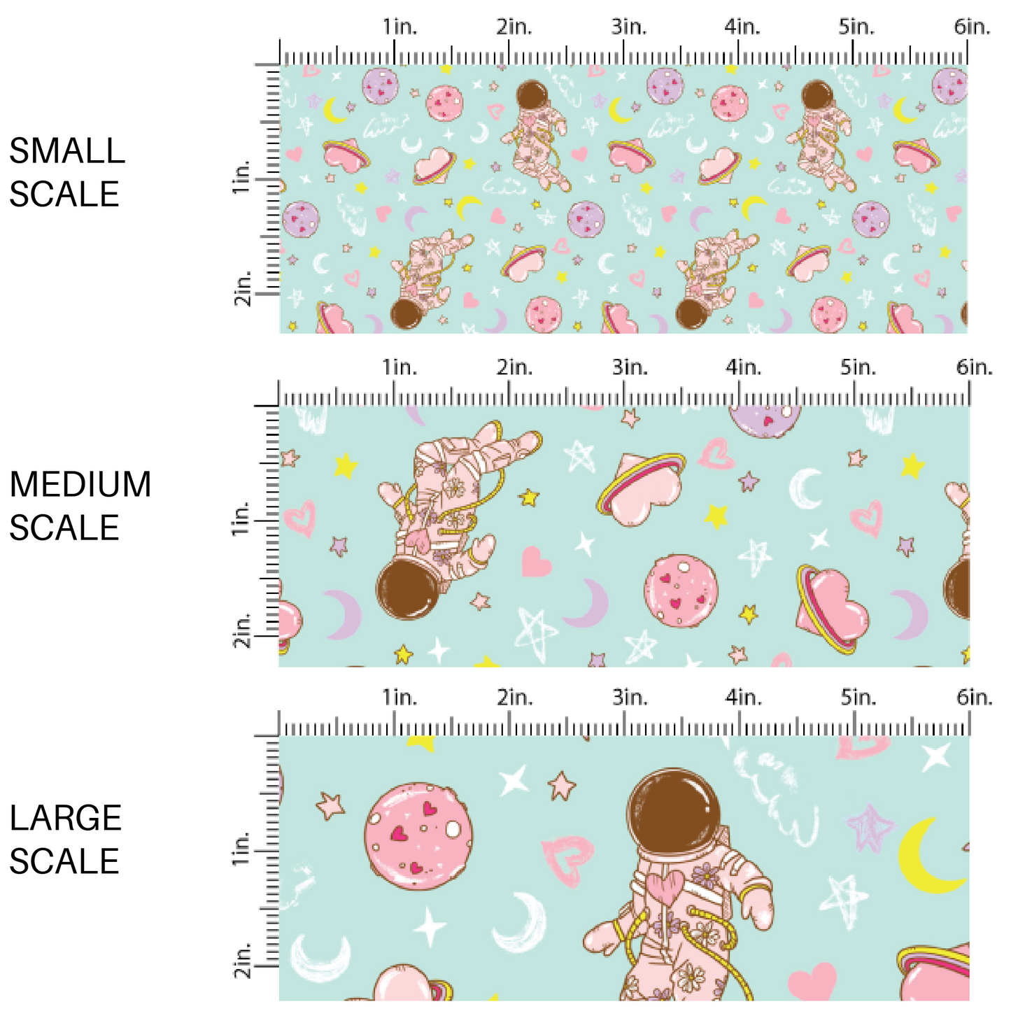 Aqua Pattern with hearts, astronauts, and planets fabric scaling sizes 