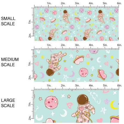 Aqua Pattern with hearts, astronauts, and planets fabric scaling sizes 