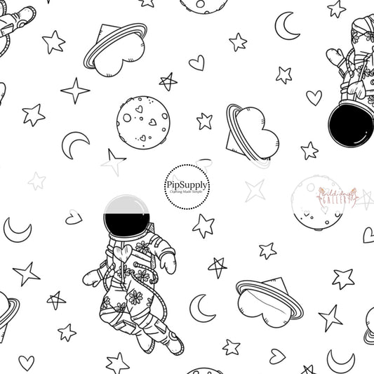 White pattern with the outlines of hearts, stars, and astronauts fabric by the yard