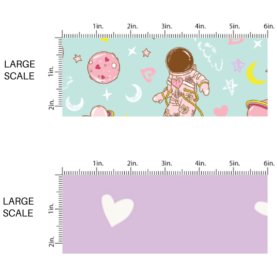 Large Scale Pink Astronauts Stars an moons by the Yard - Large Scale by the Yard Lavender Fabric with Mini White Hearts