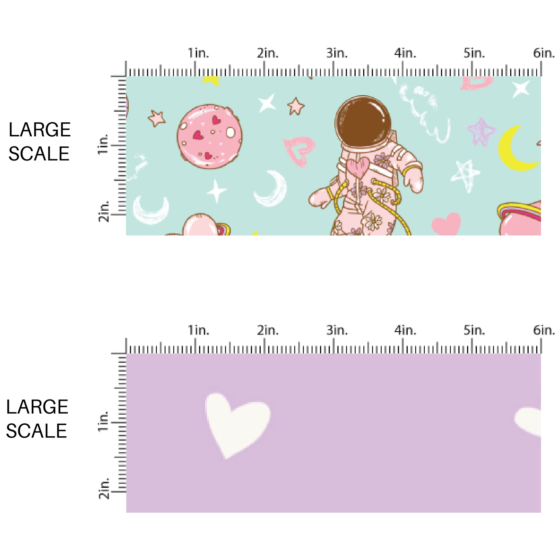 Large Scale Pink Astronauts Stars an moons by the Yard - Large Scale by the Yard Lavender Fabric with Mini White Hearts