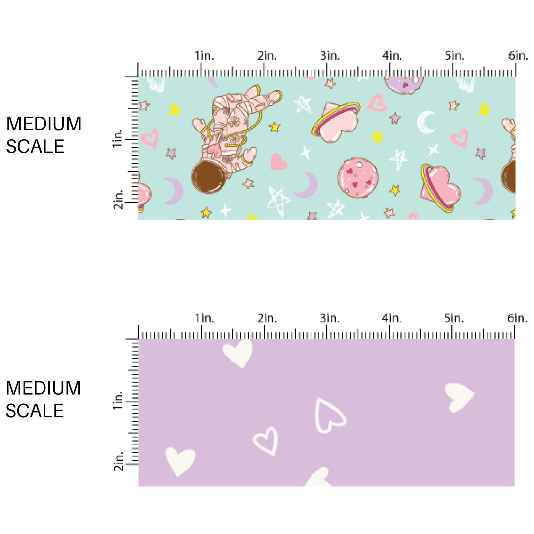 Medium Scale Fabric Lavender with White Hearts by the Yard - Moons an Stars with  Pink Astronauts On Aqua Fabric by the Yard