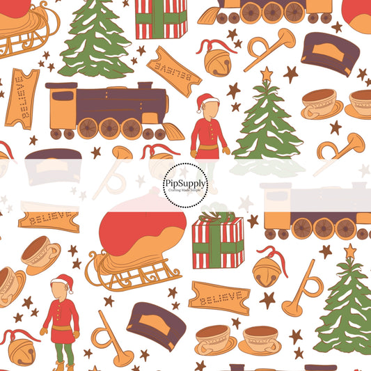 Movie themed fabric with Christmas Trees Santas Sleigh Conductor  and Elves