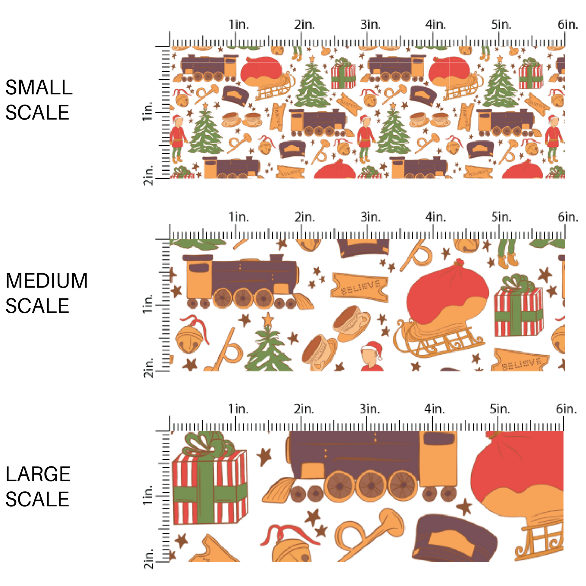 fabric sizing image for Movie themed fabric with Christmas Trees Santas Sleigh Conductor and Elves