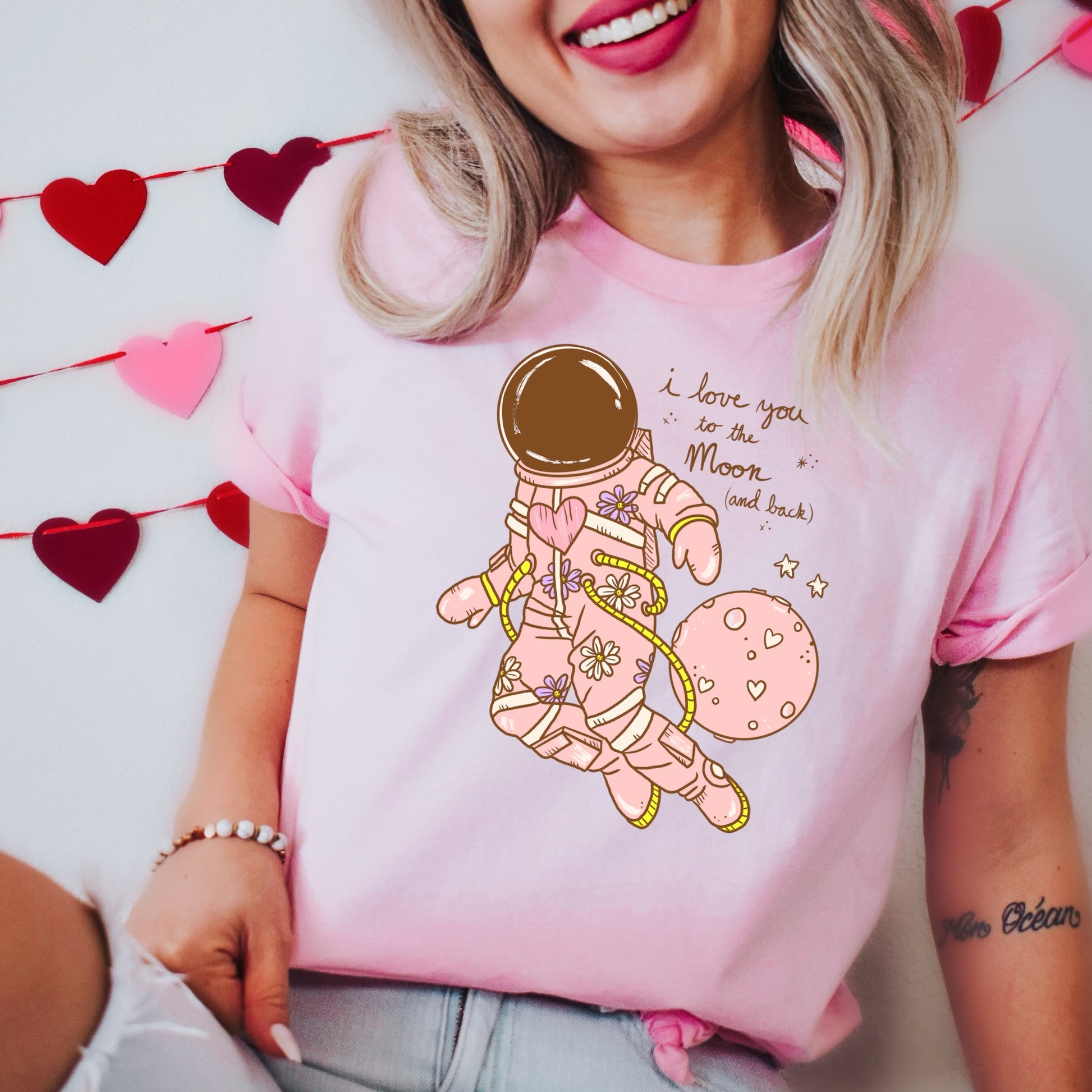 Pink Astronaut Valentine's Day Iron on Transfer on Pink Shirt - Words Read "I Love you to the Moon and Back" - Sublimation Iron on - DTF Iron on