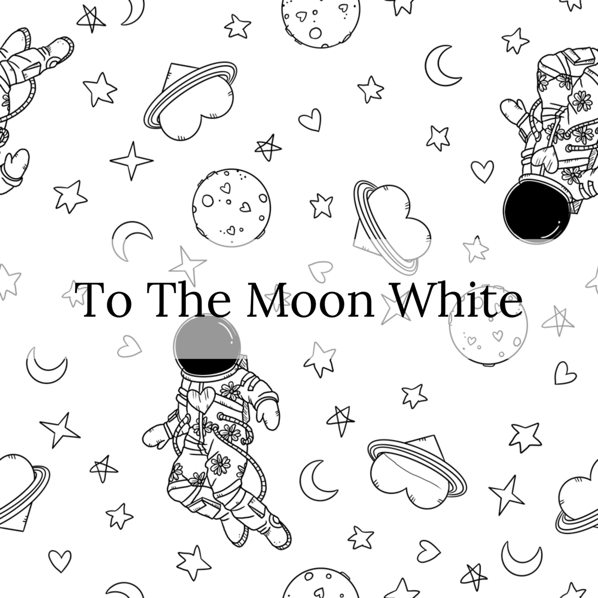 White pattern with the outlines of hearts, stars, and astronauts and the words "To The Moon White" fabric pattern