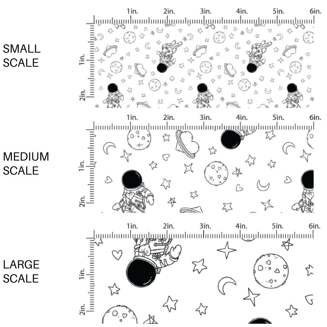 White pattern with the outlines of hearts, stars, and astronauts fabric scaling sizes