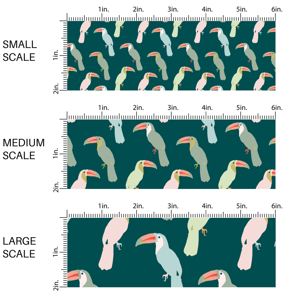 Multi-colored toucans on teal fabric by the yard scaled image guide