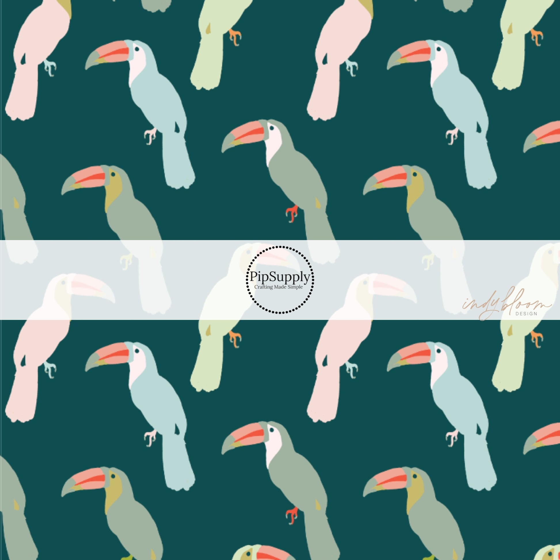 Multi-colored toucans on teal fabric by the yard