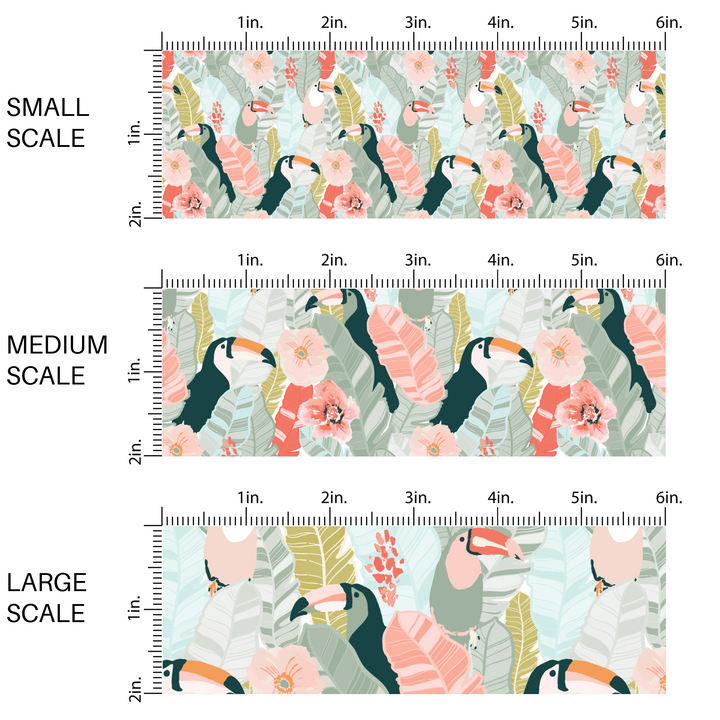 Tropical themed fabric by the yard scaled image guide with toucans and palm leaves.