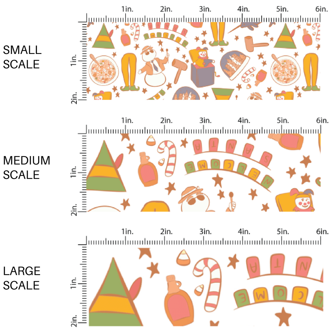 sizing image for happy elf Christmas fabric with jack in the box, elves, and snow globes