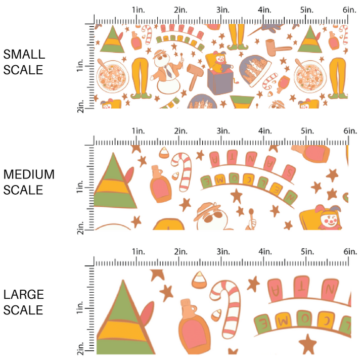 sizing image for happy elf Christmas fabric with jack in the box, elves, and snow globes