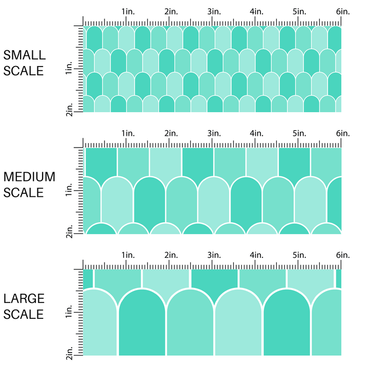 Turquoise blue scalloped arch printed fabric by the yard scaled image guide.