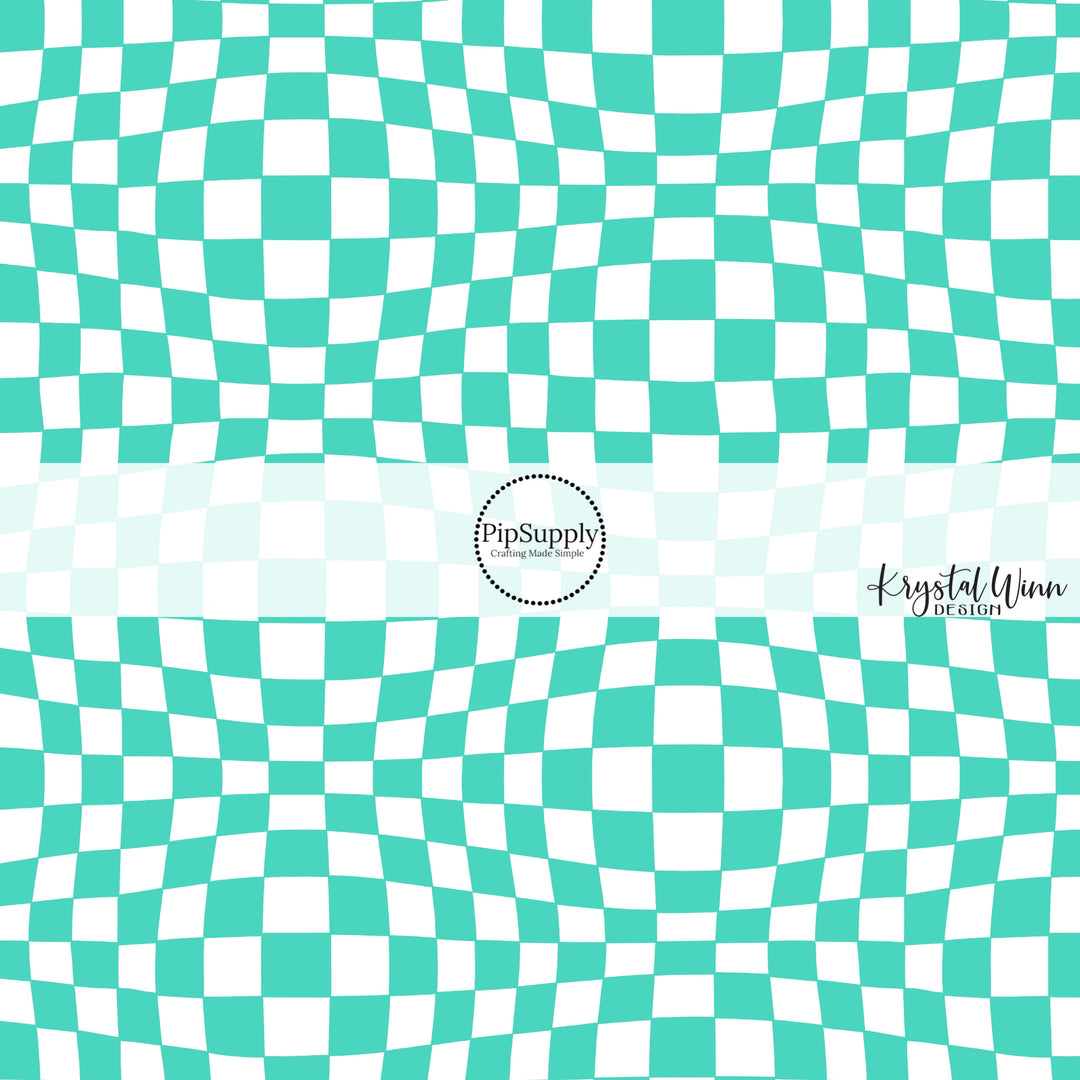 3D White and turquoise checker print fabric by the yard