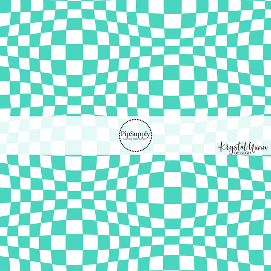 3D White and turquoise checker print fabric by the yard