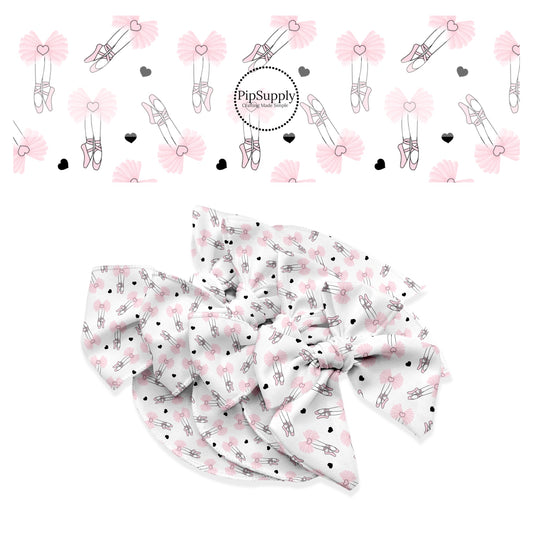 Pink ballet shoes, pink tutus, and black hearts on white bow strips