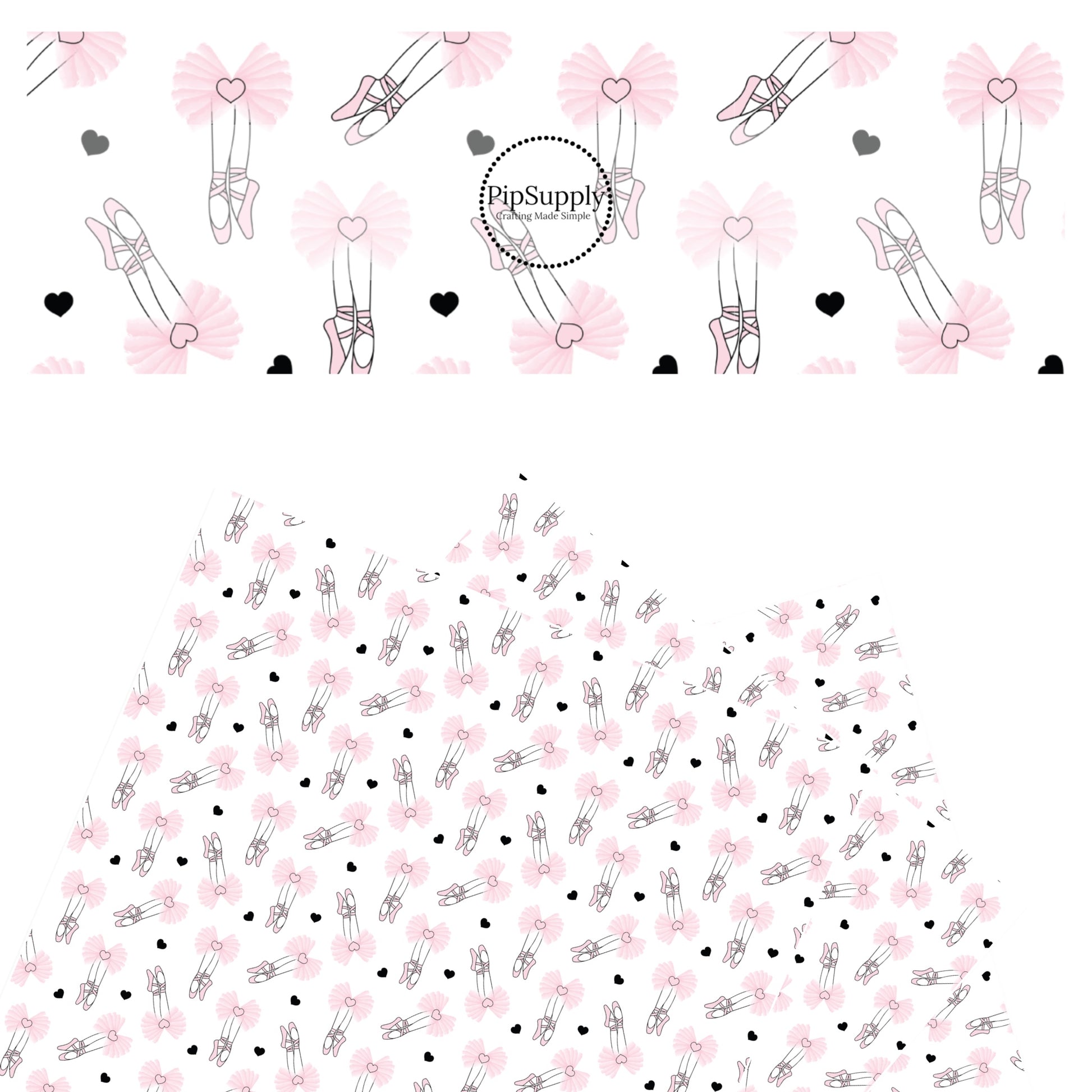 Pink tulle tutu with pink hearts, pink ballet shoes, and black hearts on white faux leather sheet