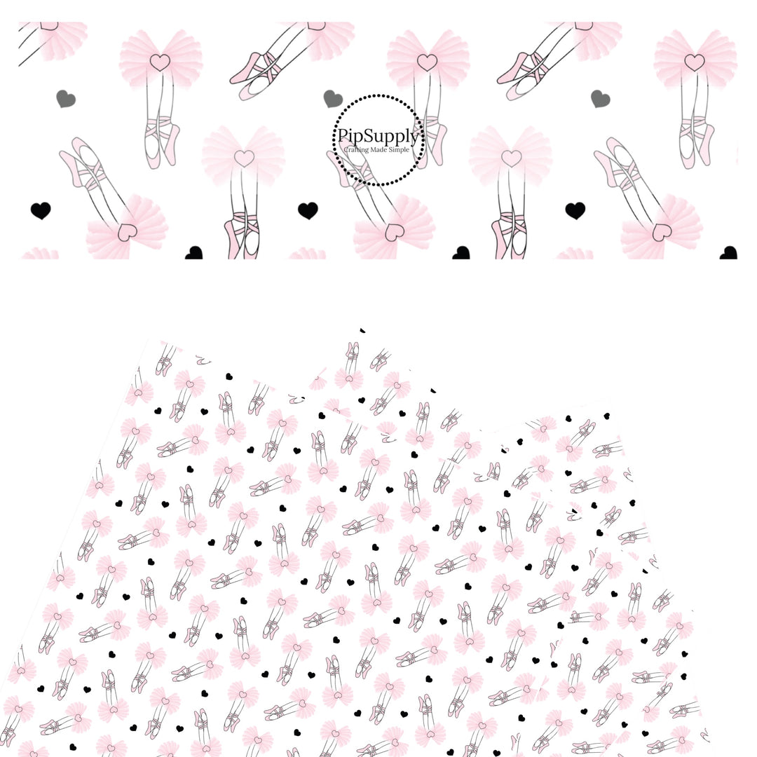 Pink tulle tutu with pink hearts, pink ballet shoes, and black hearts on white faux leather sheet