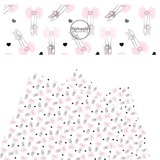 Pink tulle tutu with pink hearts, pink ballet shoes, and black hearts on white faux leather sheet