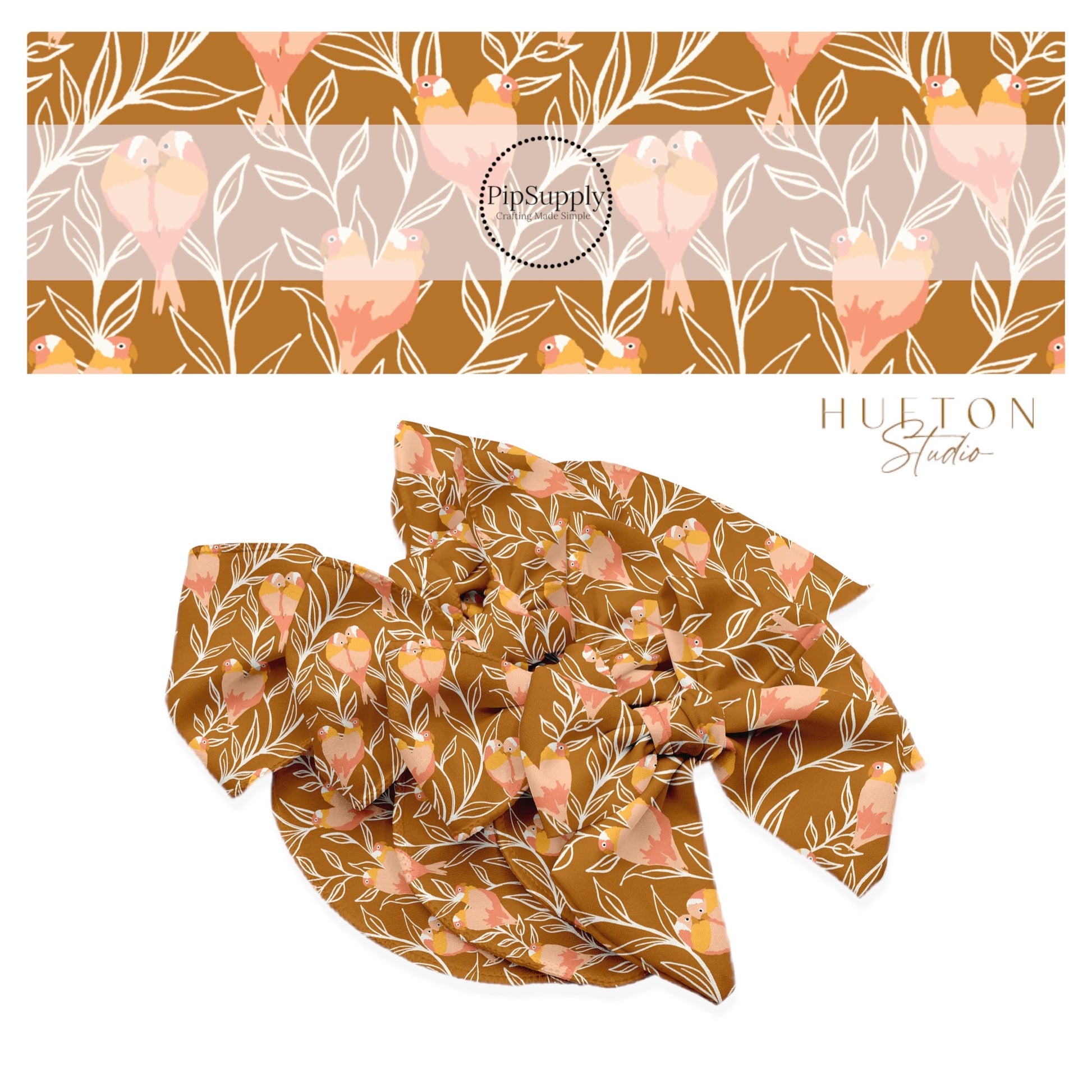 orange and pink lovebirds and leaves on brown bow strips
