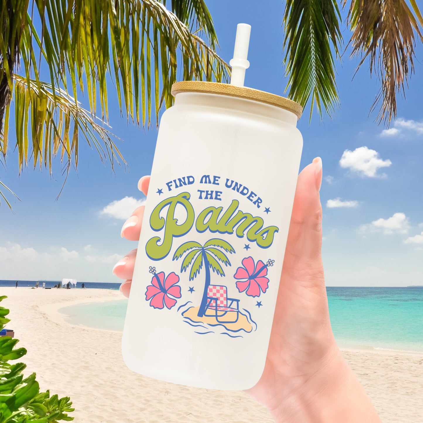 Palm Trees and Beach chair adhesive decal sticker with the phrase "Find Me Under The Palms"