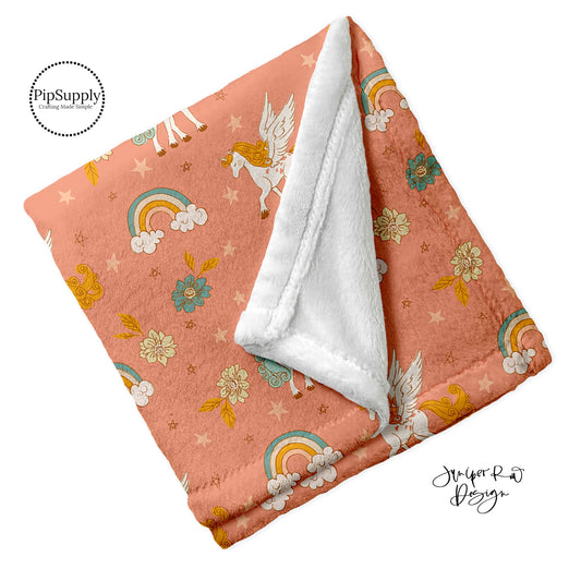 Peach Unicorn Minky Blanket with Aqua and Yellow Rainbows - Personalized Blankets 